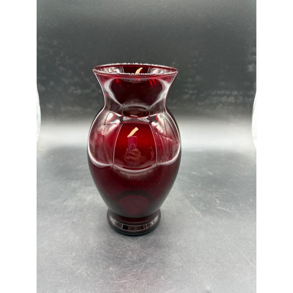Vintage Ruby Red Glass Paneled Vase 6.5 Inch Flared Rim Pedestal Base Crimson